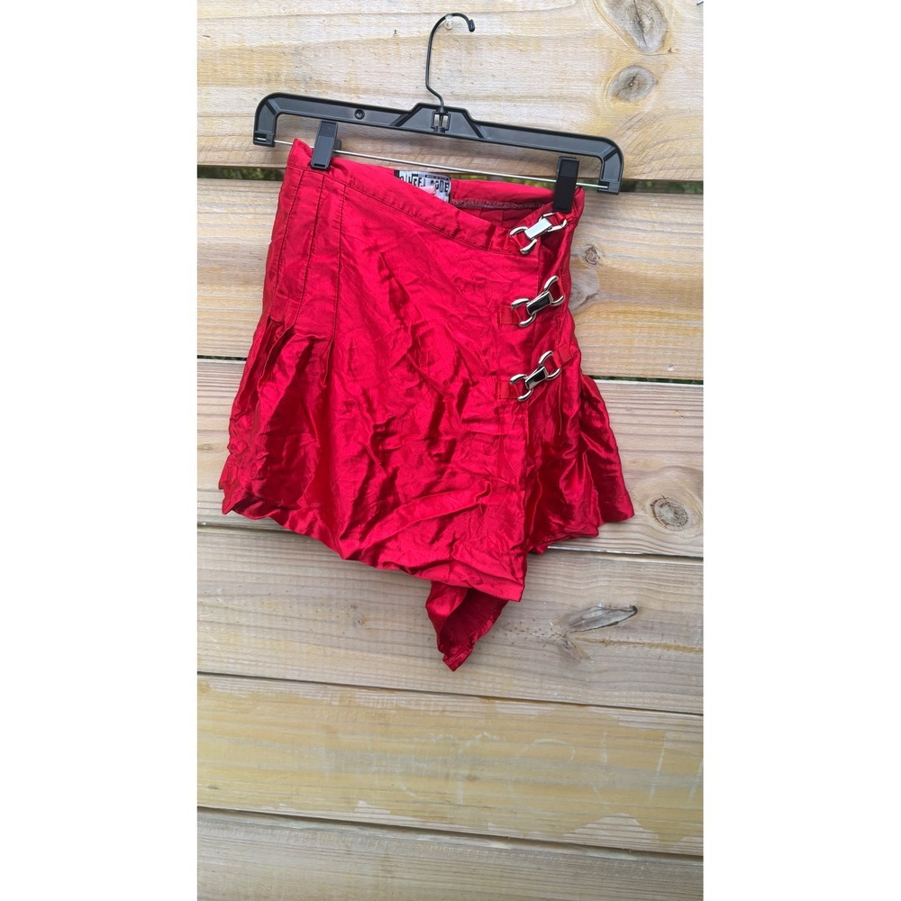 Street Code Vintage Metallic Red Mini Skirt Silver Clasp Wrap Asymmetrical Y2K